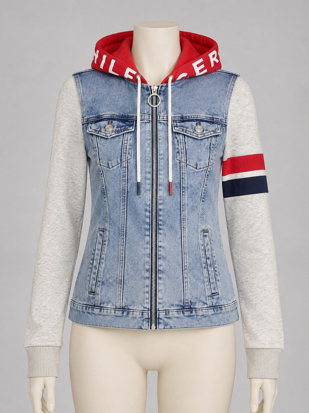 Tommy Hilfiger Denim Hoodie Jacket Vest Hybrid Womens XS Red Grey Y2K Trend